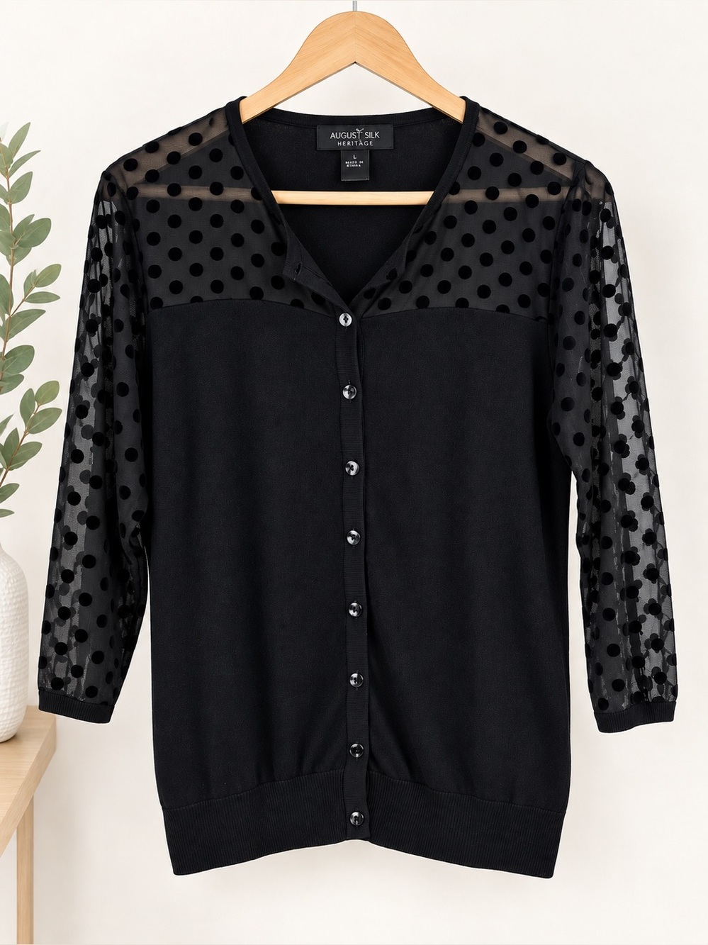 August Silk Heritage Black Sheer Polka Dot Mesh Cardigan L